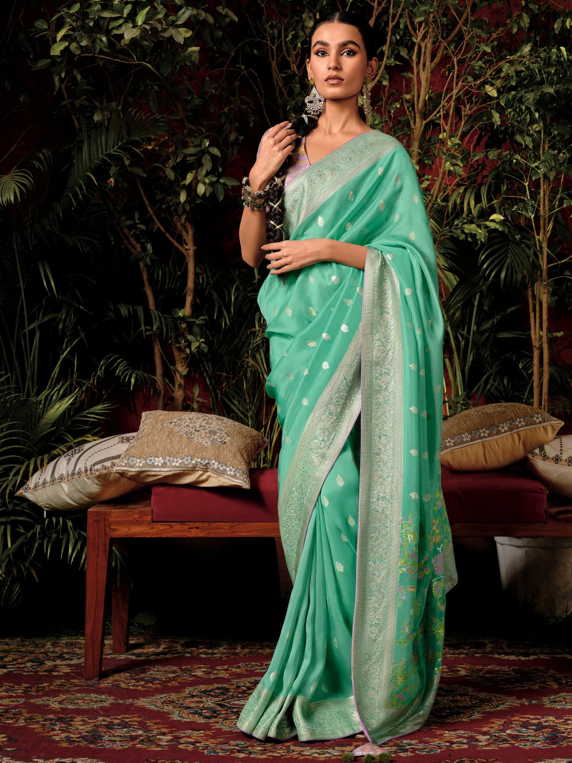 Alluring Sea Green Zari Weaving Silk Festive Wear Saree With Blouse - Zeel Clothing