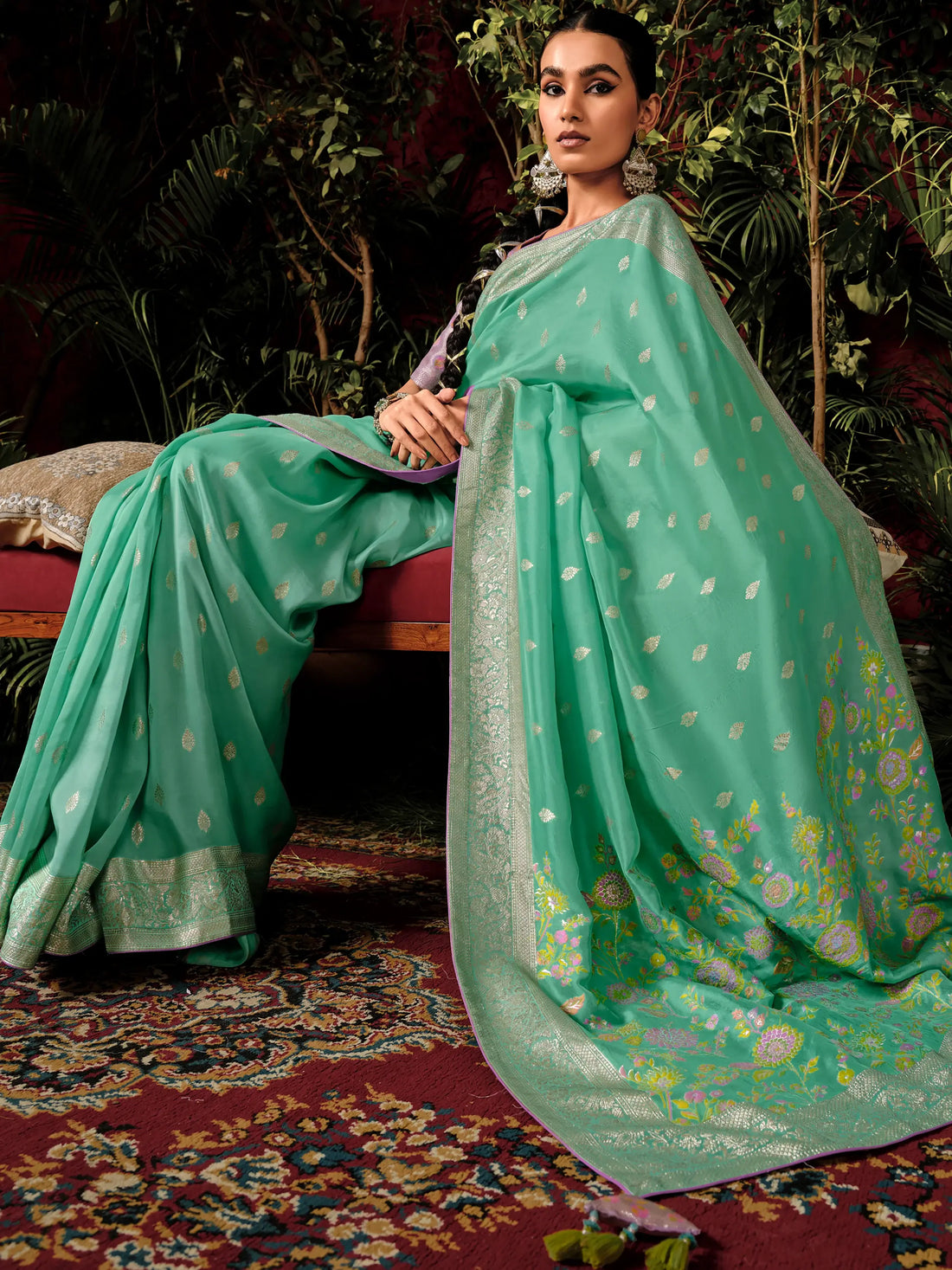 Alluring Sea Green Zari Weaving Silk Festive Wear Saree With Blouse - Zeel Clothing