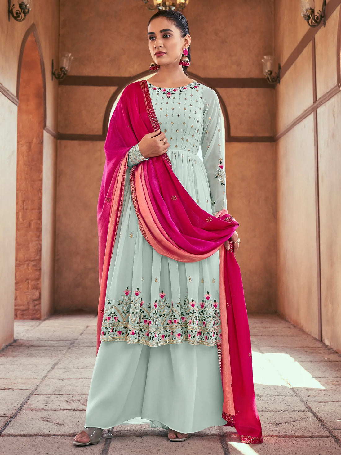Alluring Sky Blue Embroidered Georgette Readymade Palazzo Suit - Zeel Clothing