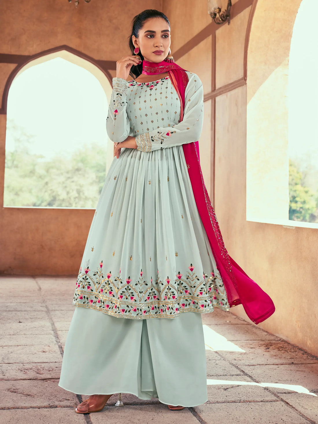 Alluring Sky Blue Embroidered Georgette Readymade Palazzo Suit - Zeel Clothing