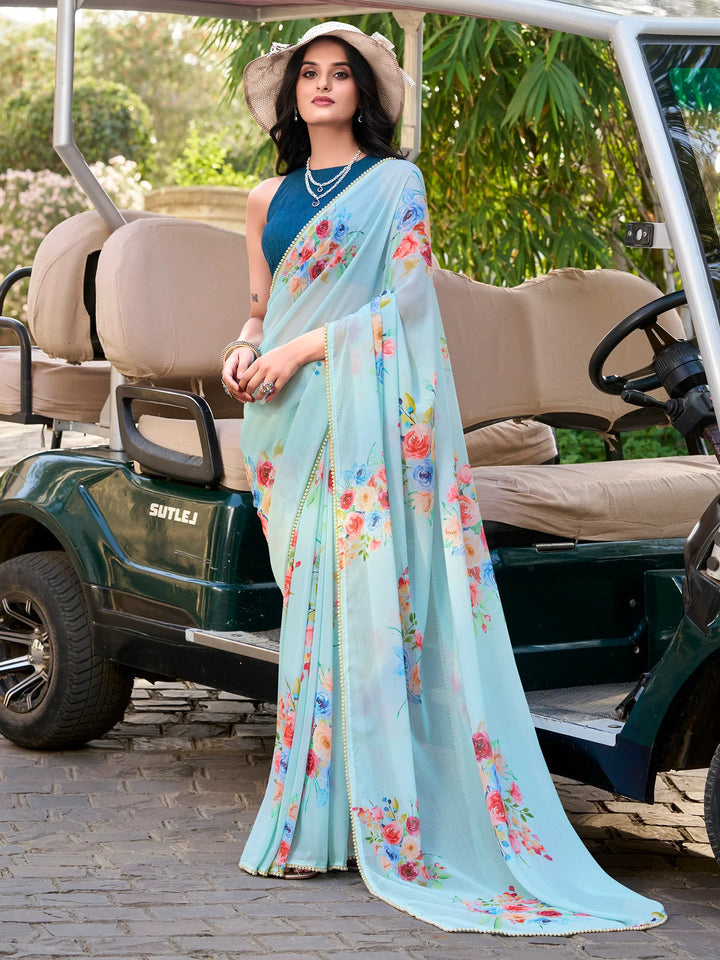 Alluring Sky Blue Floral Printed Casual Wear Saree With Blouse - Zeel Clothing