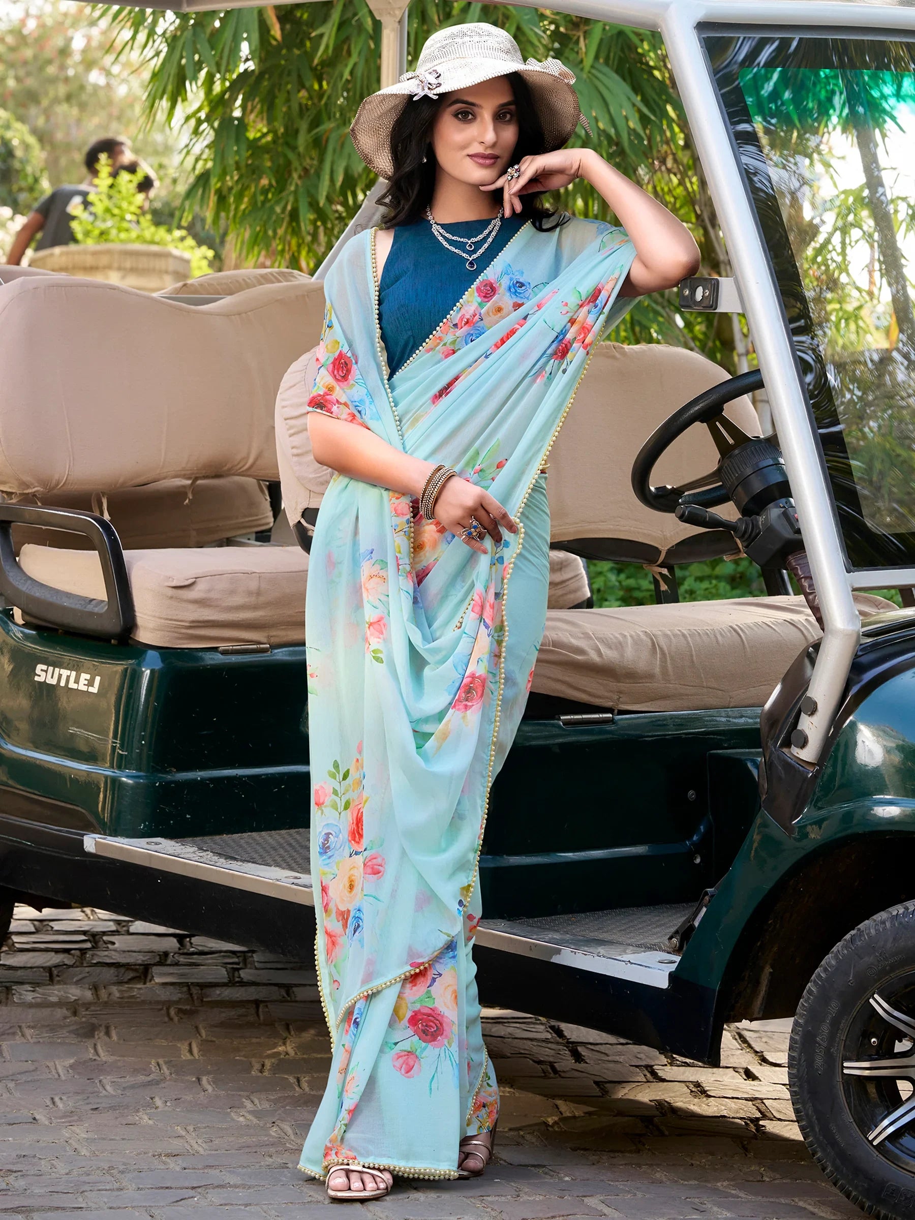 Alluring Sky Blue Floral Printed Casual Wear Saree With Blouse - Zeel Clothing