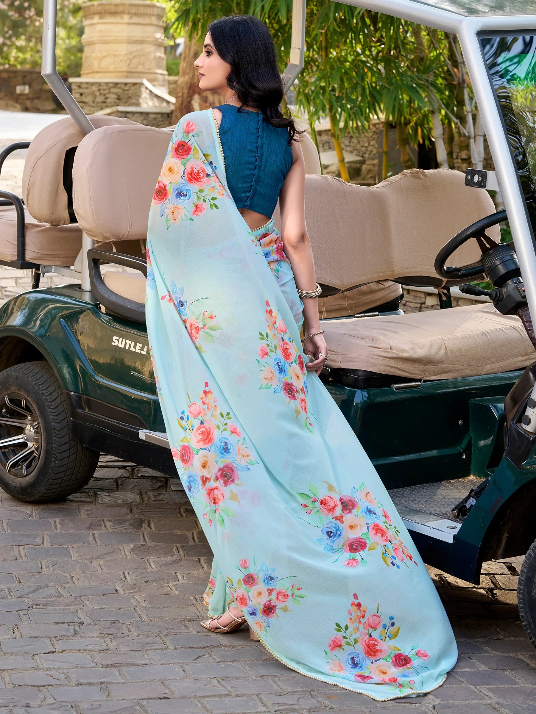 Alluring Sky Blue Floral Printed Casual Wear Saree With Blouse - Zeel Clothing