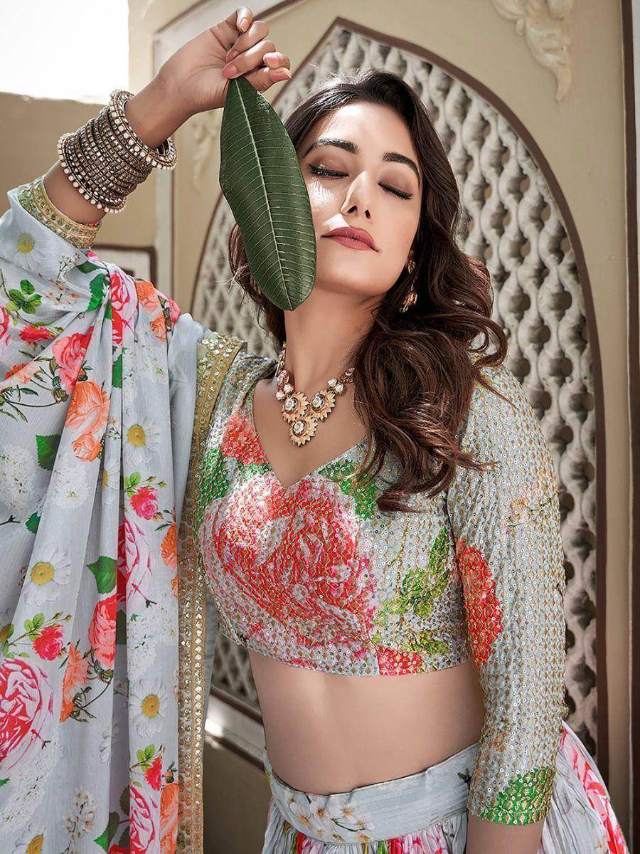 Alluring Sky Blue Floral Printed Chinon Engagement Wear Lehenga Choli - Zeel Clothing
