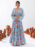 Alluring Sky Blue Floral Printed Chinon Event Wear Crop Top Lehenga - Zeel Clothing