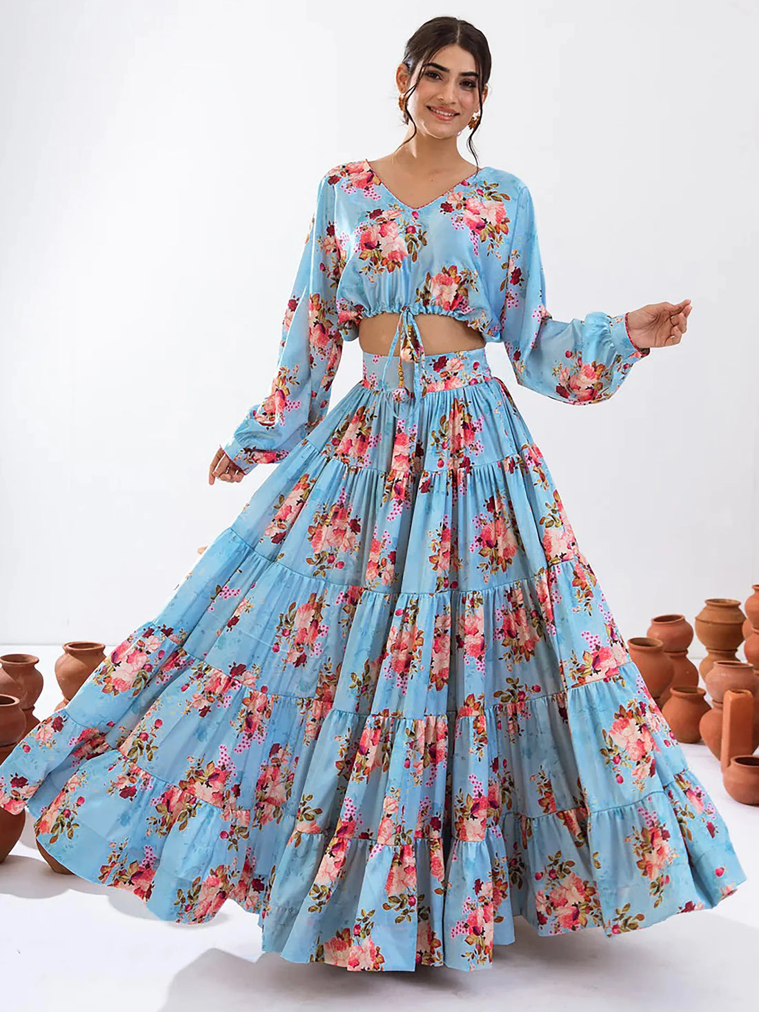 Alluring Sky Blue Floral Printed Chinon Event Wear Crop Top Lehenga - Zeel Clothing