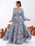 Alluring Sky Blue Floral Printed Chinon Event Wear Crop Top Lehenga - Zeel Clothing