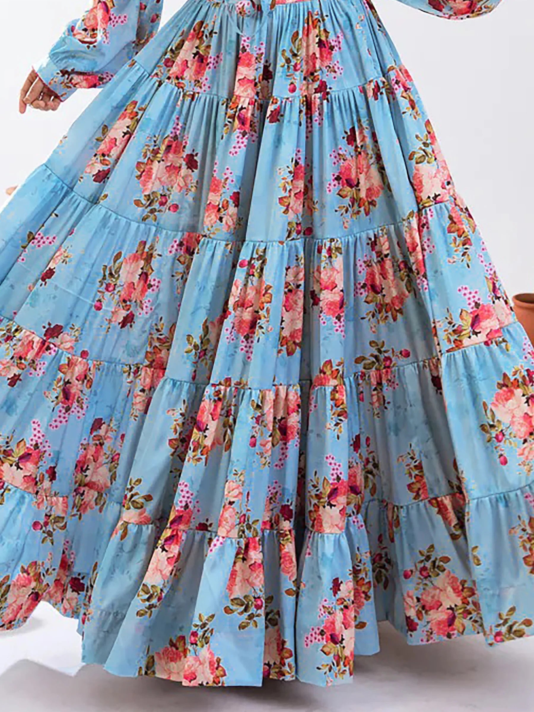 Alluring Sky Blue Floral Printed Chinon Event Wear Crop Top Lehenga - Zeel Clothing