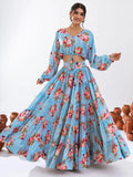 Alluring Sky Blue Floral Printed Chinon Event Wear Crop Top Lehenga - Zeel Clothing