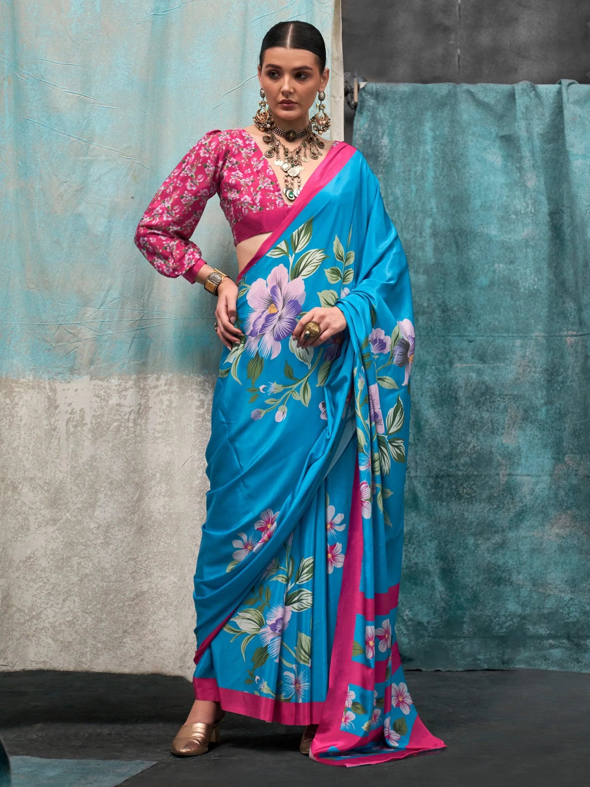 Alluring Sky-Blue Floral Printed Crepe Festival Wear Saree With Blouse