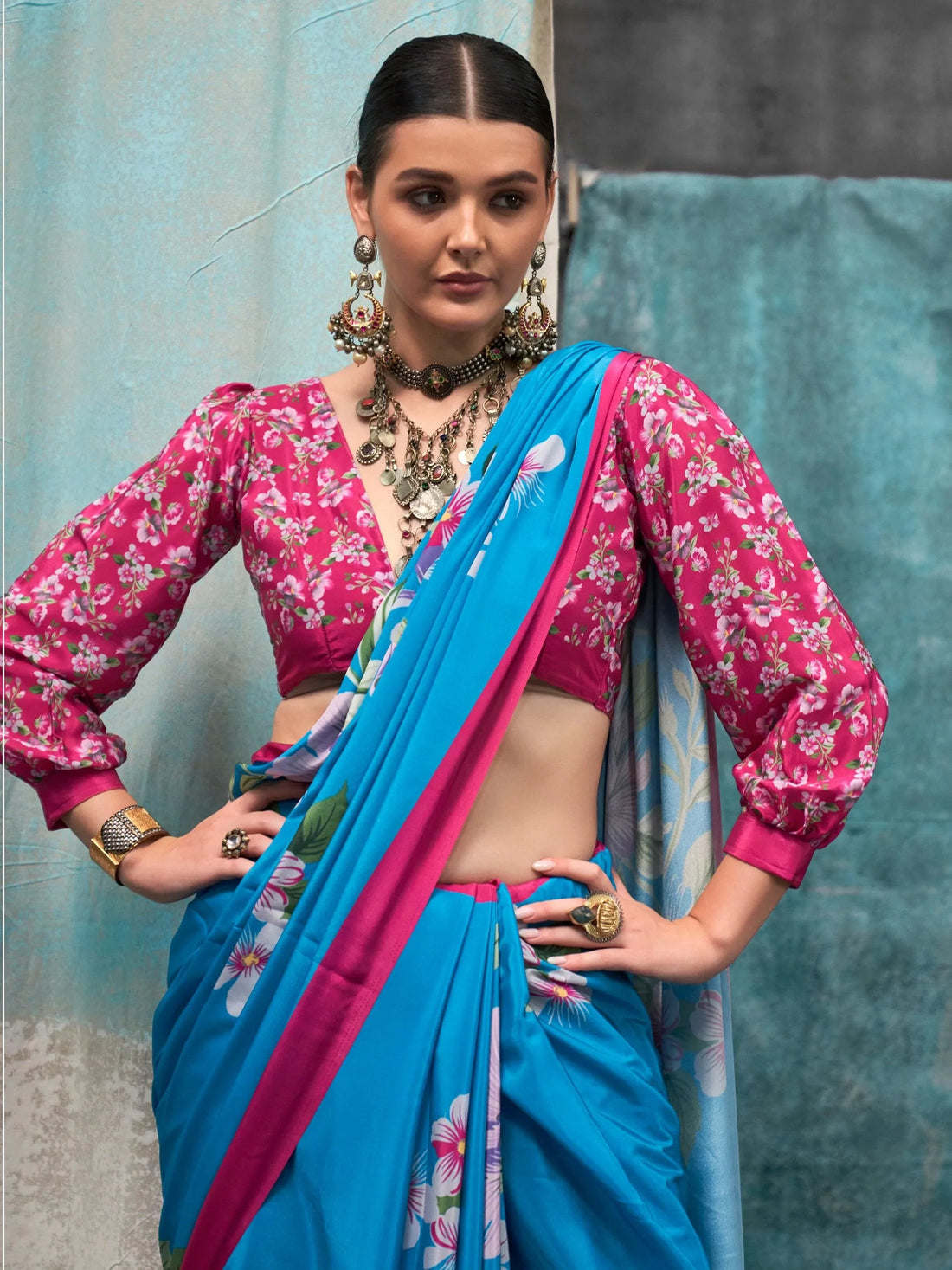 Alluring Sky-Blue Floral Printed Crepe Festival Wear Saree With Blouse
