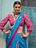 Alluring Sky-Blue Floral Printed Crepe Festival Wear Saree With Blouse