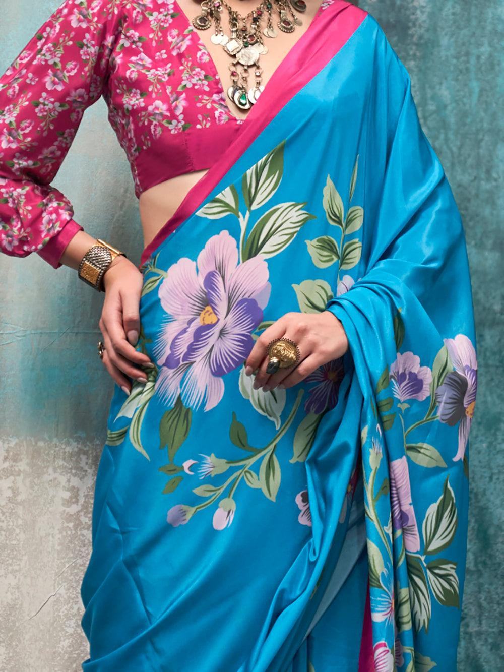 Alluring Sky-Blue Floral Printed Crepe Festival Wear Saree With Blouse