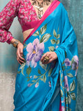 Alluring Sky-Blue Floral Printed Crepe Festival Wear Saree With Blouse - Zeel Clothing