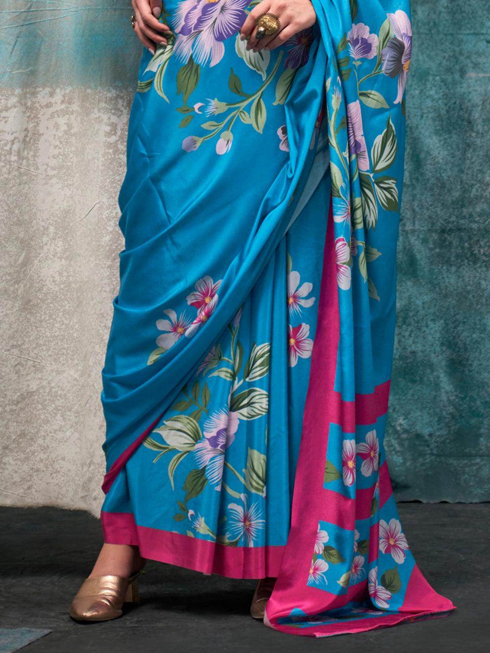Alluring Sky-Blue Floral Printed Crepe Festival Wear Saree With Blouse - Zeel Clothing
