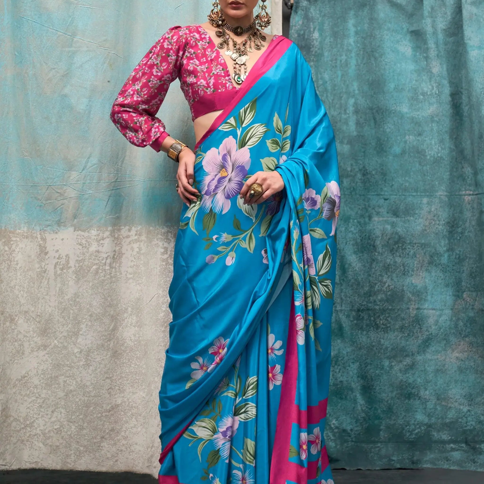 Alluring Sky-Blue Floral Printed Crepe Festival Wear Saree With Blouse - Zeel Clothing