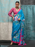 Alluring Sky-Blue Floral Printed Crepe Festival Wear Saree With Blouse - Zeel Clothing