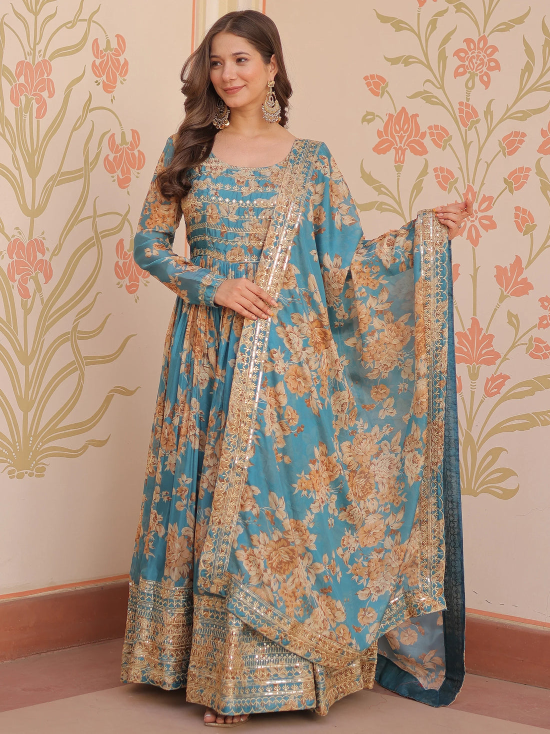 Alluring Sky Blue Floral Printed Silk Traditional Gown With Dupatta - Zeel Clothing