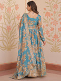 Alluring Sky Blue Floral Printed Silk Traditional Gown With Dupatta - Zeel Clothing