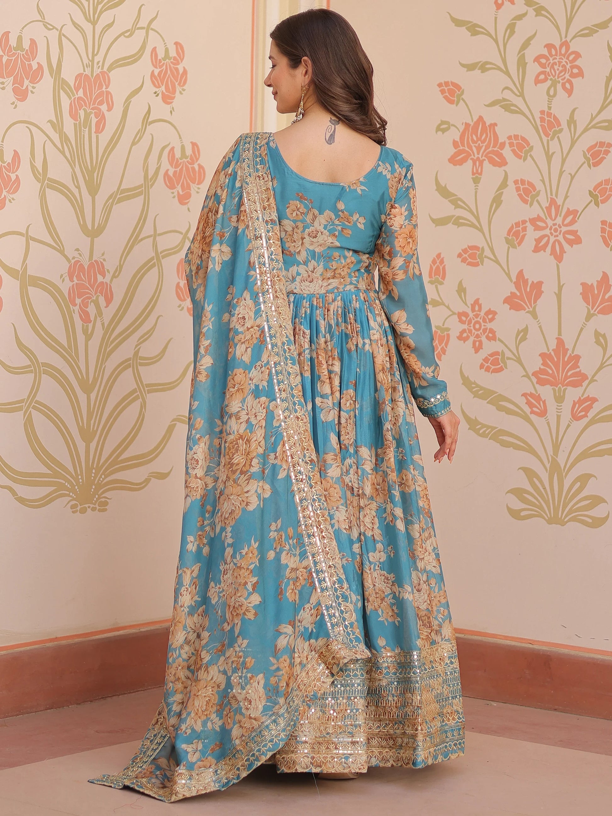 Alluring Sky Blue Floral Printed Silk Traditional Gown With Dupatta - Zeel Clothing