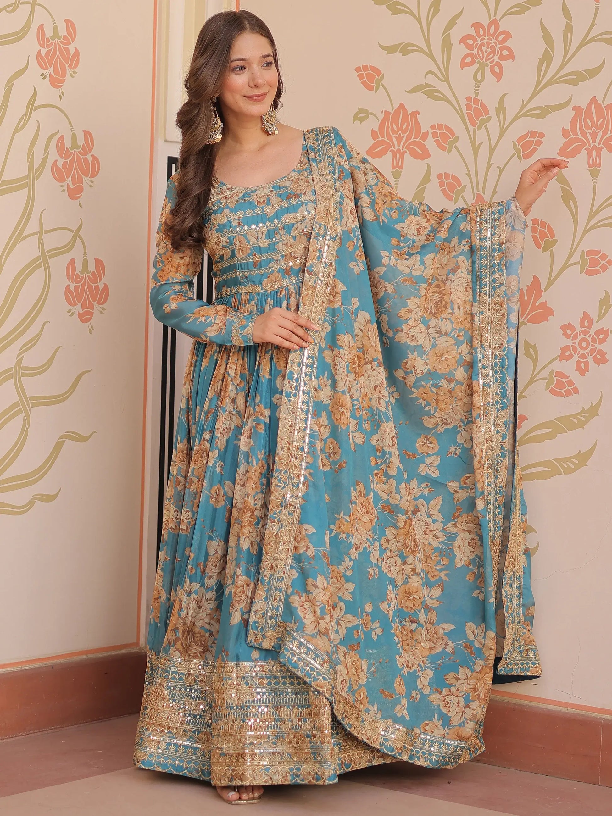 Alluring Sky Blue Floral Printed Silk Traditional Gown With Dupatta - Zeel Clothing