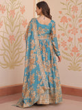 Alluring Sky Blue Floral Printed Silk Traditional Gown With Dupatta - Zeel Clothing