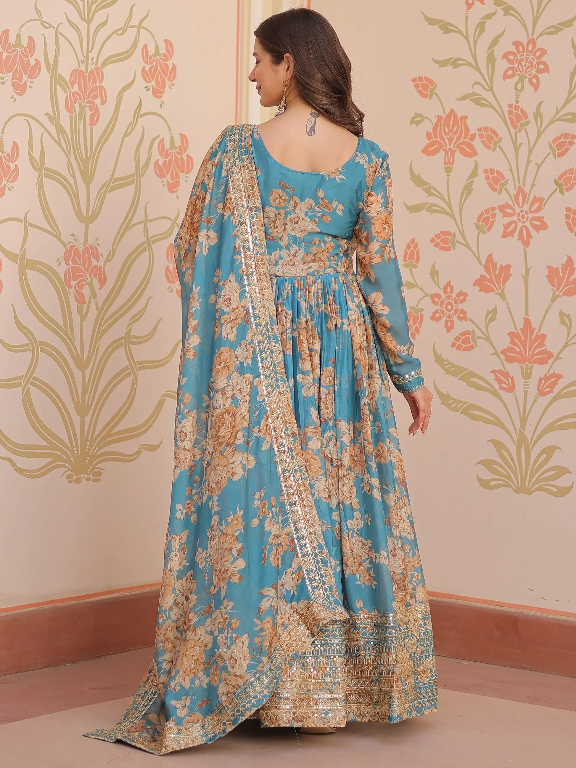 Alluring Sky Blue Floral Printed Silk Traditional Gown With Dupatta - Zeel Clothing