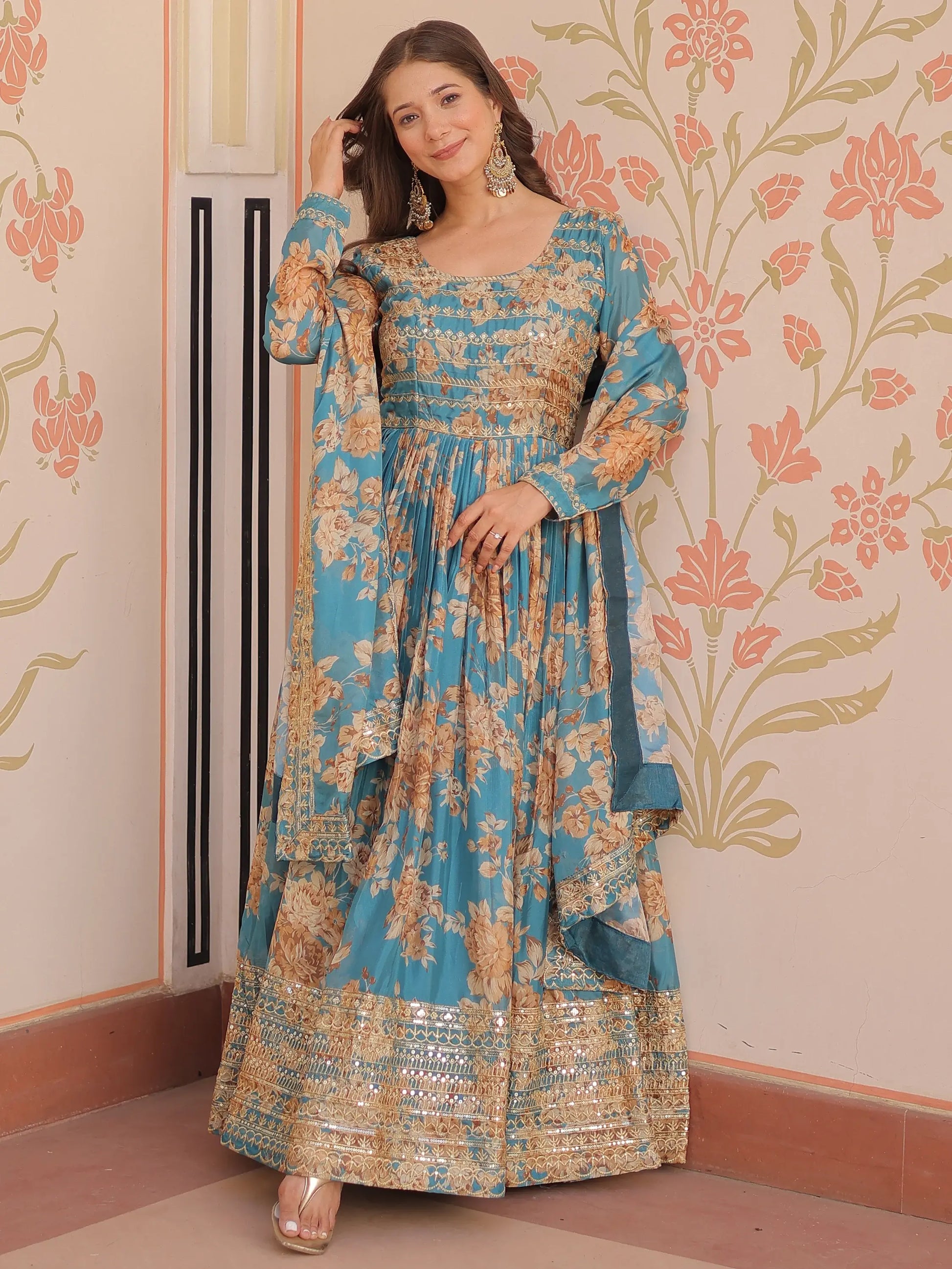 Alluring Sky Blue Floral Printed Silk Traditional Gown With Dupatta - Zeel Clothing