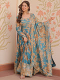 Alluring Sky Blue Floral Printed Silk Traditional Gown With Dupatta - Zeel Clothing