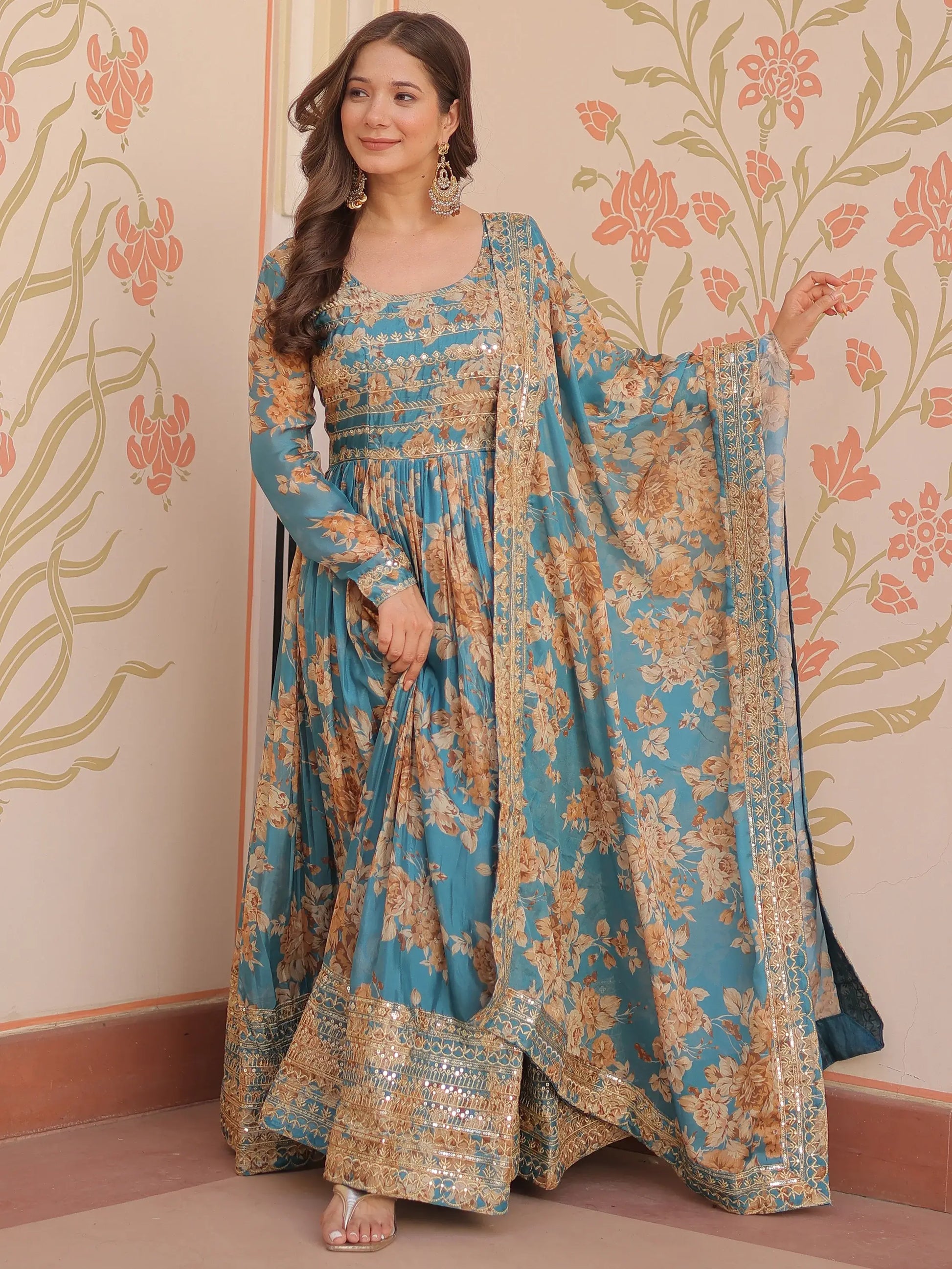 Alluring Sky Blue Floral Printed Silk Traditional Gown With Dupatta - Zeel Clothing