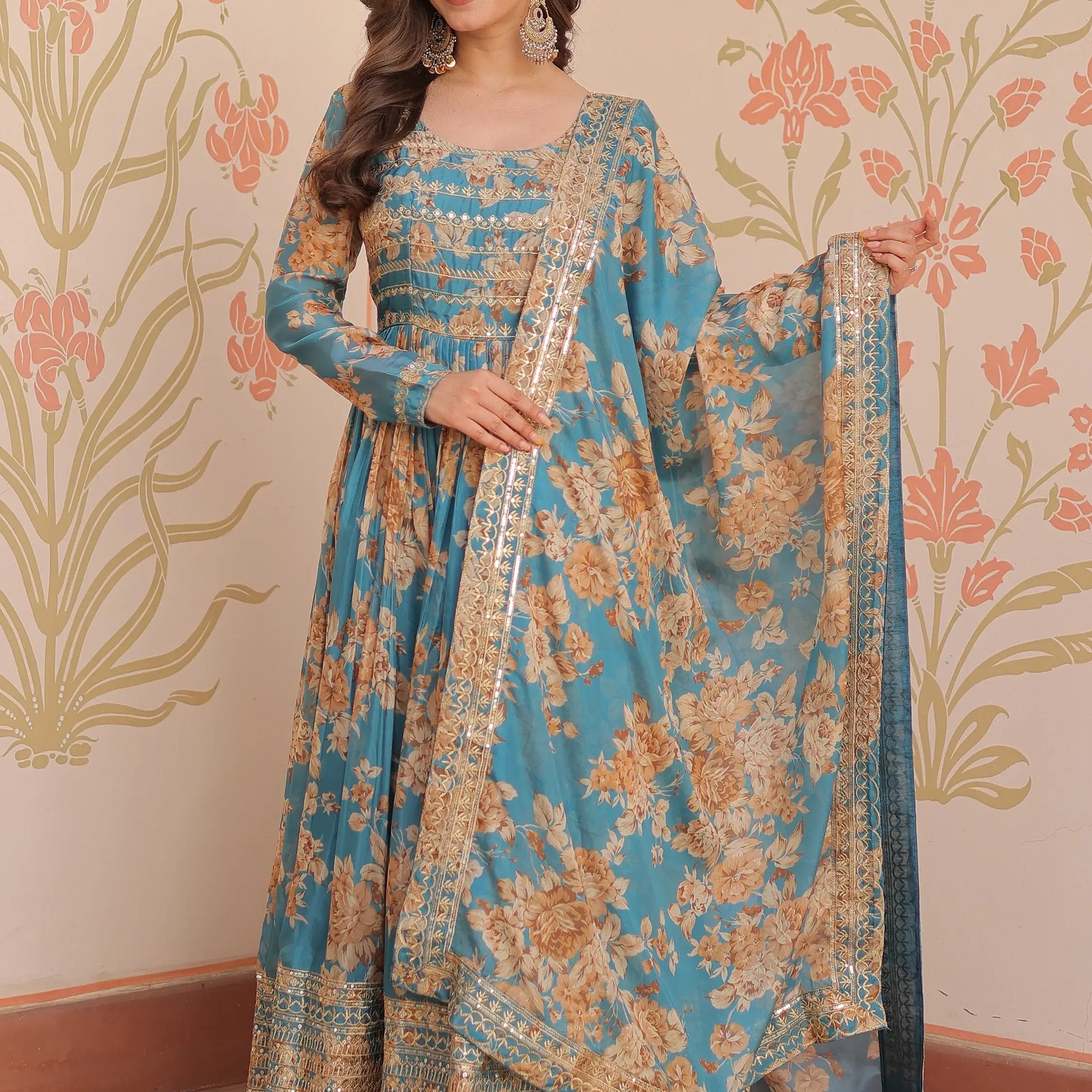 Alluring Sky Blue Floral Printed Silk Traditional Gown With Dupatta - Zeel Clothing