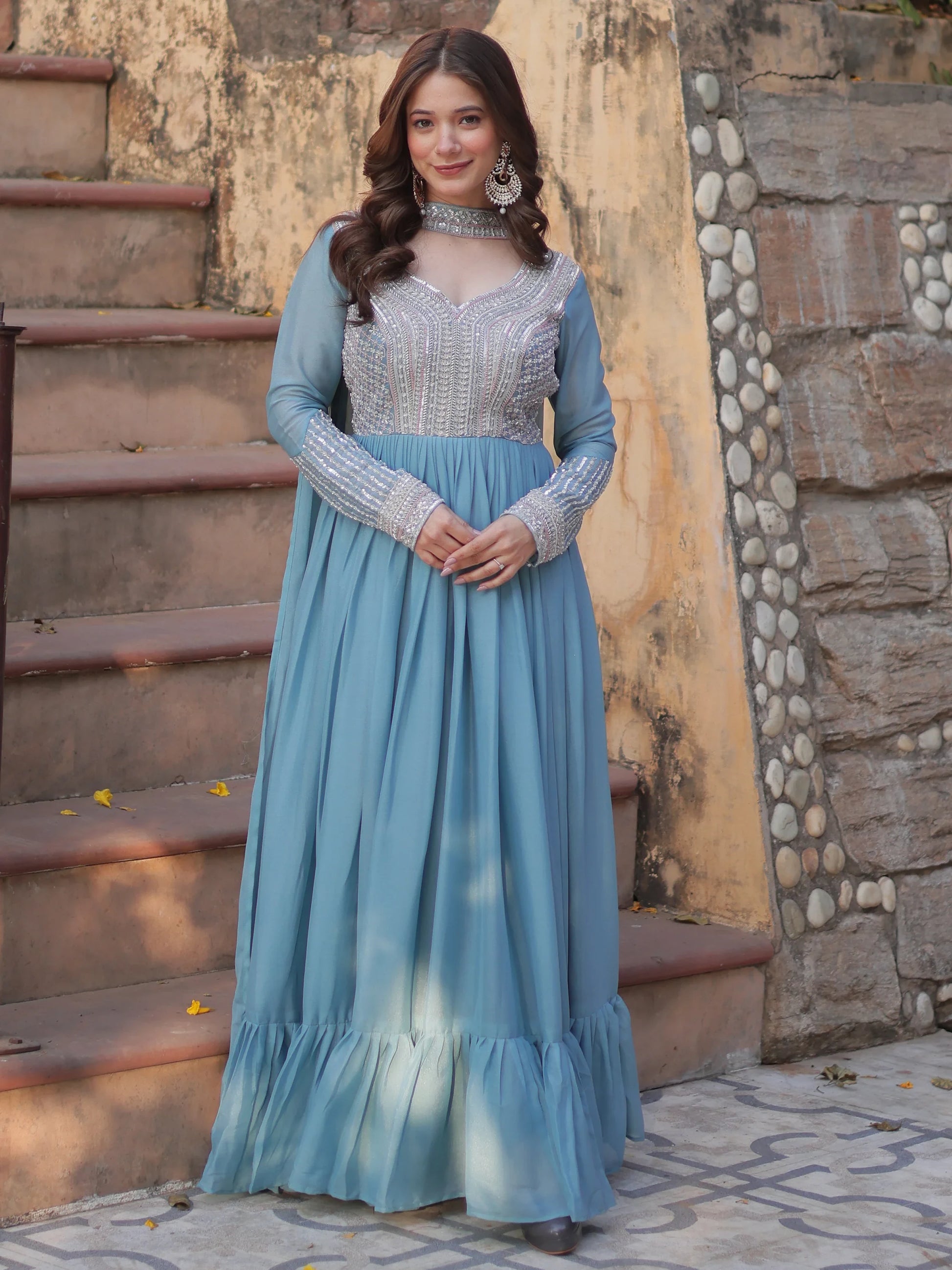 Alluring Sky-Blue Sequins Georgette Party Wear Gown With Dupatta - Zeel Clothing
