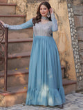 Alluring Sky-Blue Sequins Georgette Party Wear Gown With Dupatta - Zeel Clothing