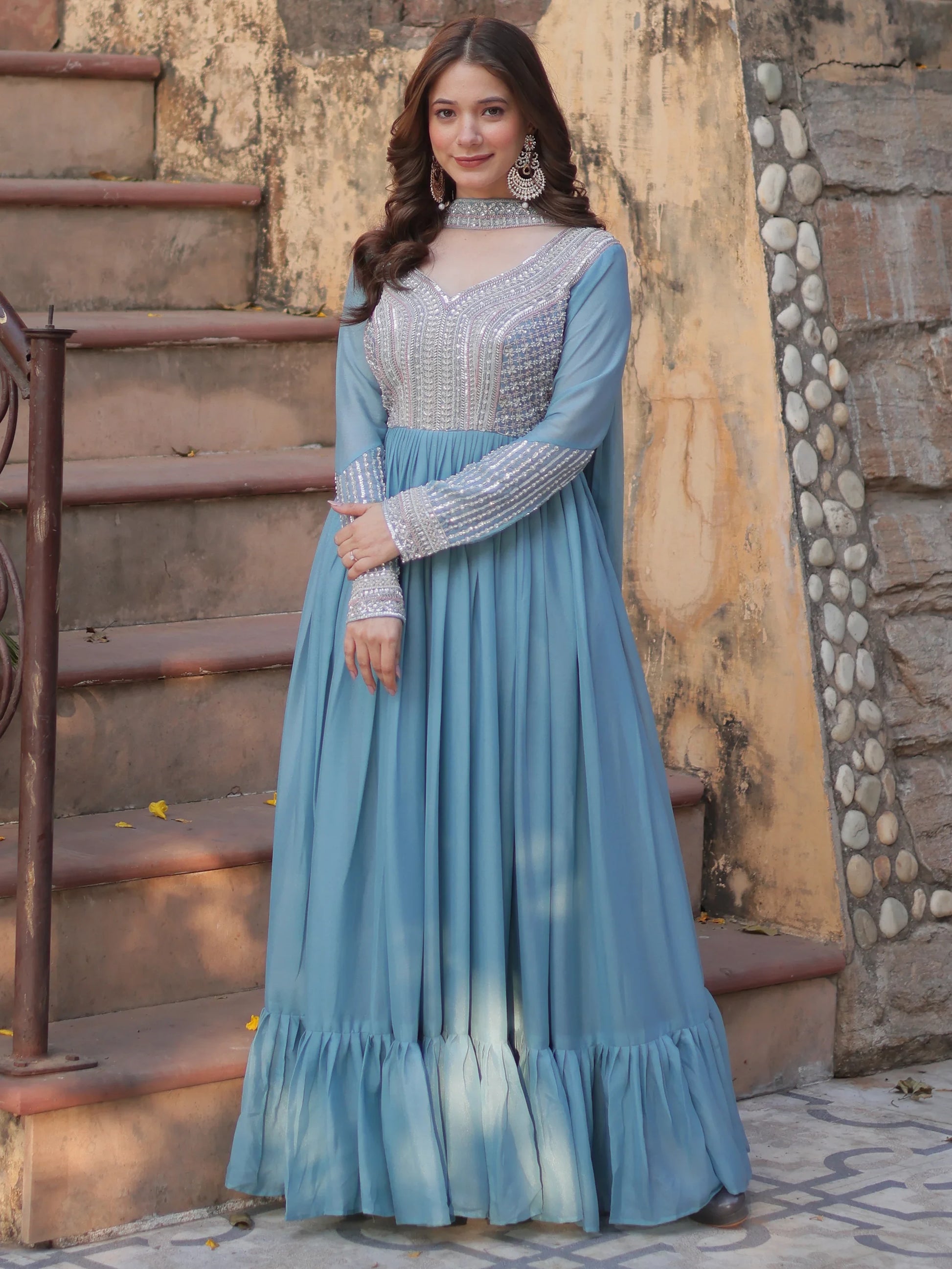 Alluring Sky-Blue Sequins Georgette Party Wear Gown With Dupatta - Zeel Clothing