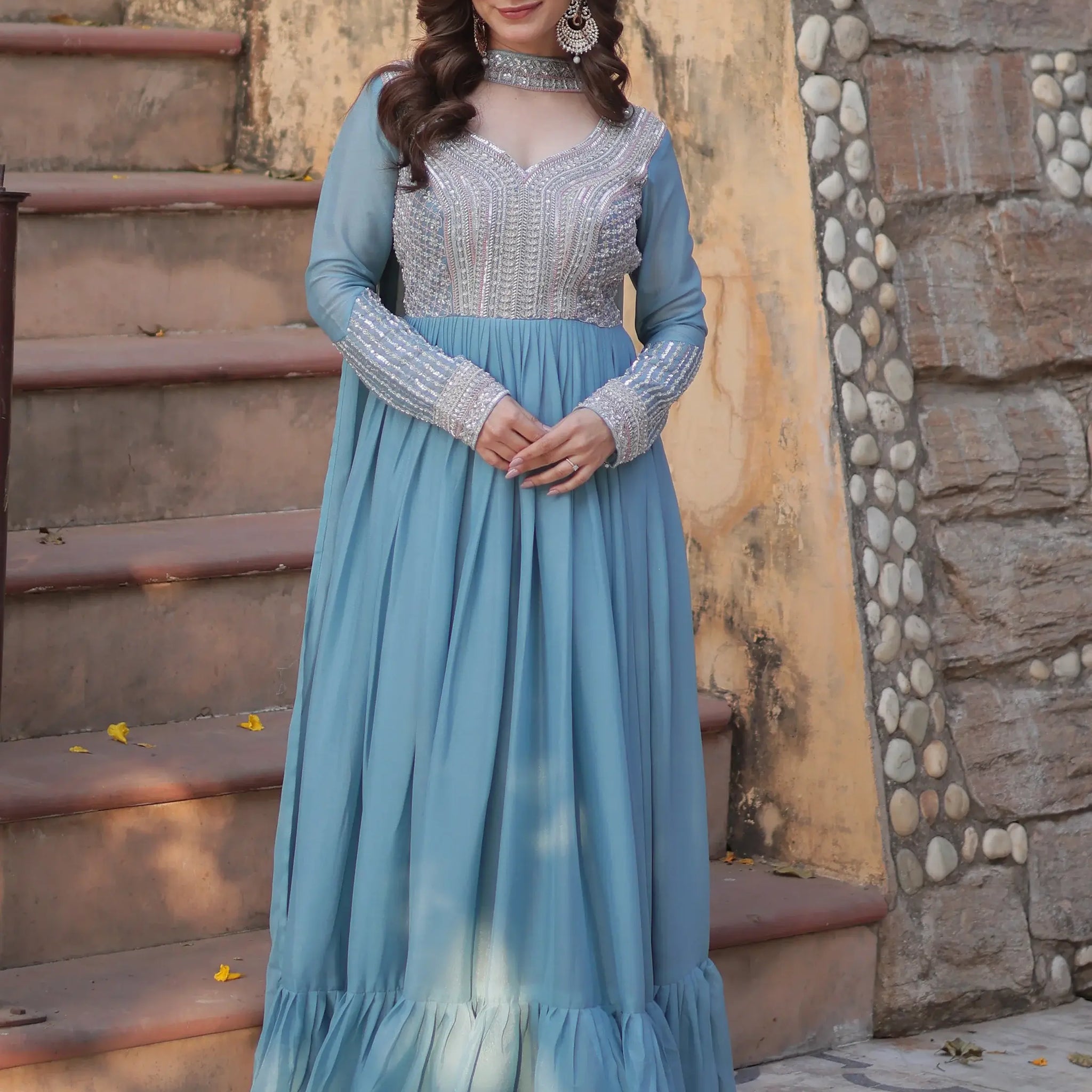 Alluring Sky-Blue Sequins Georgette Party Wear Gown With Dupatta - Zeel Clothing