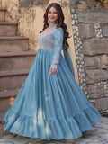 Alluring Sky-Blue Sequins Georgette Party Wear Gown With Dupatta - Zeel Clothing
