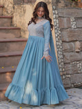 Alluring Sky-Blue Sequins Georgette Party Wear Gown With Dupatta - Zeel Clothing