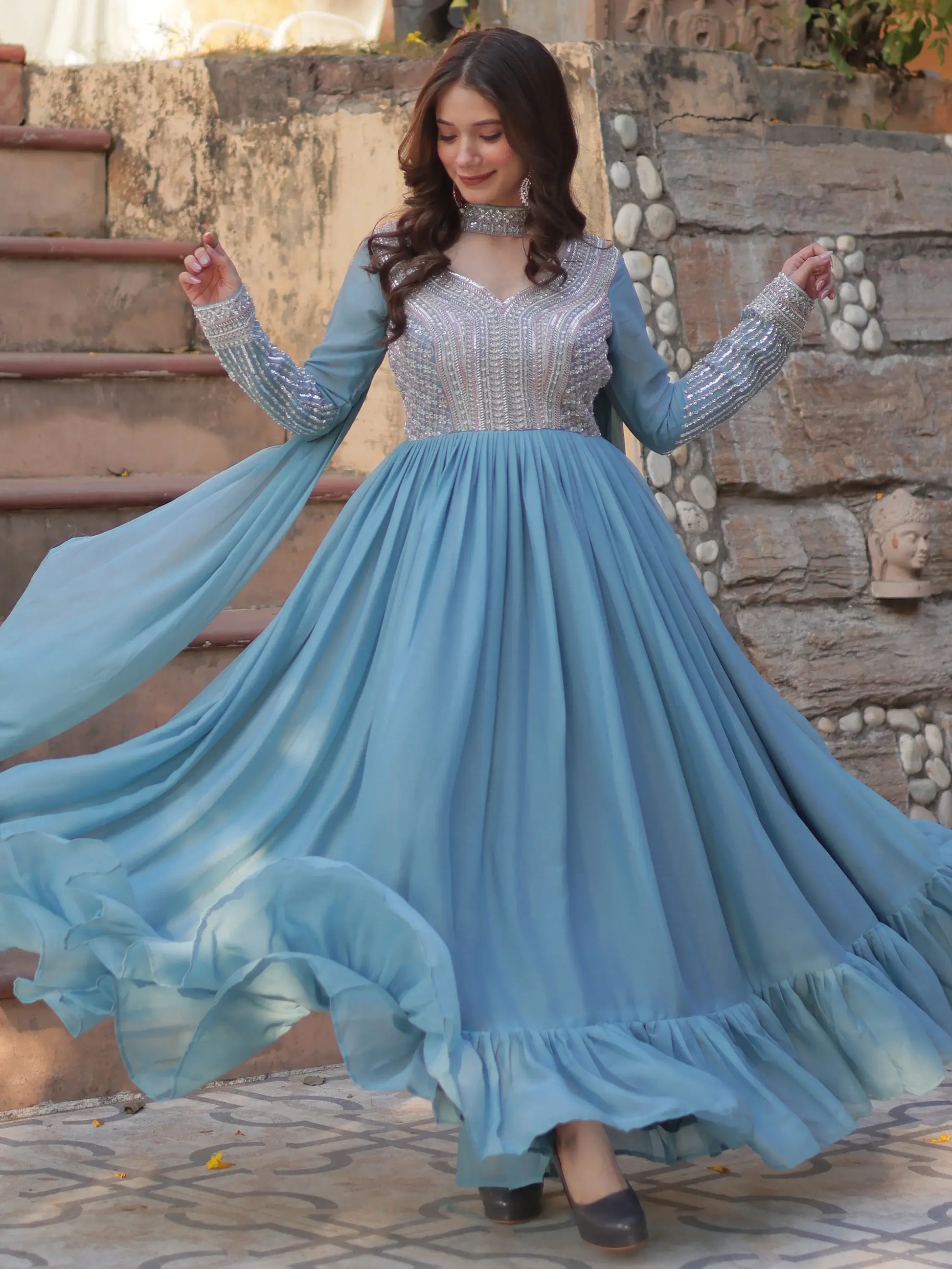 Alluring Sky-Blue Sequins Georgette Party Wear Gown With Dupatta - Zeel Clothing