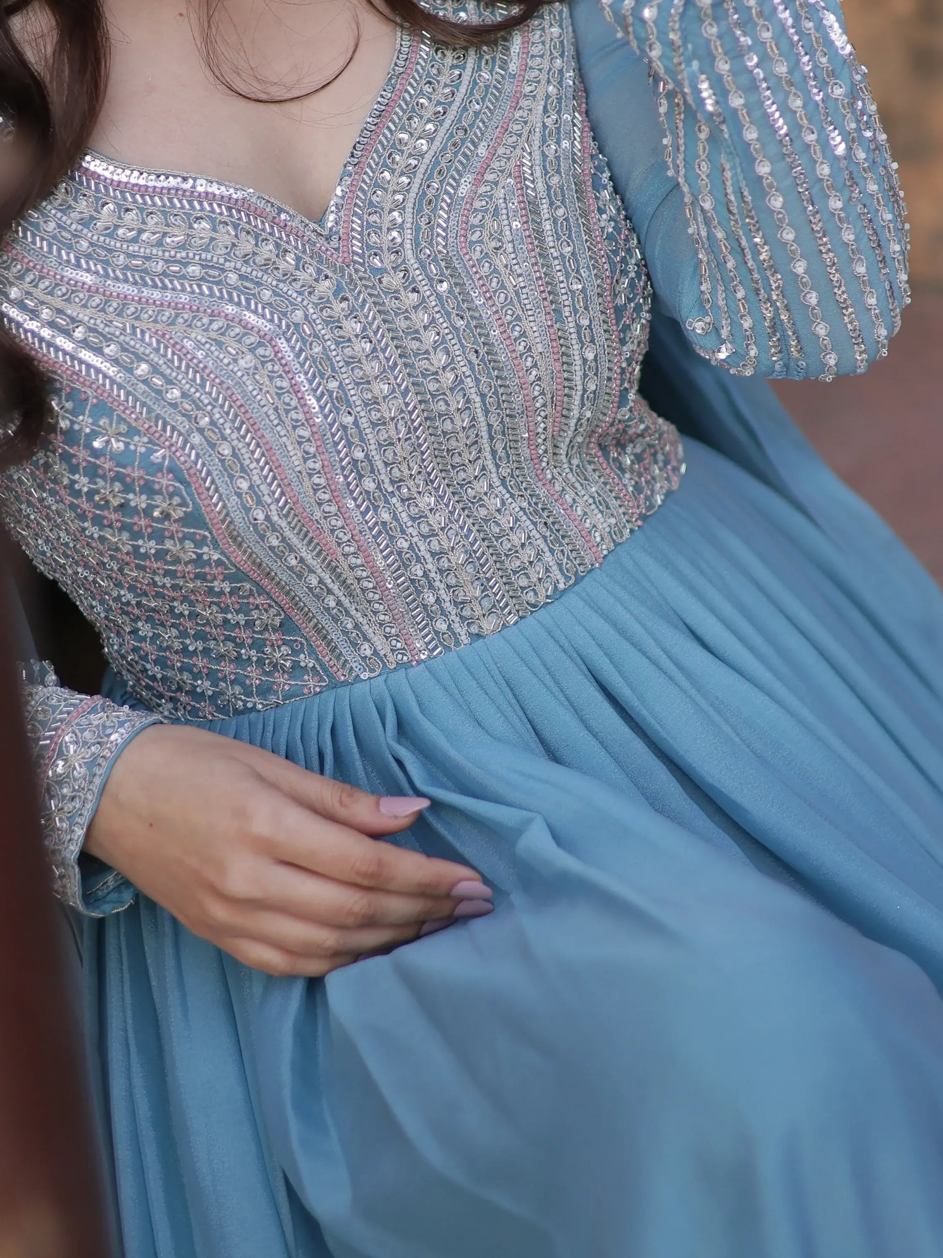 Alluring Sky-Blue Sequins Georgette Party Wear Gown With Dupatta - Zeel Clothing