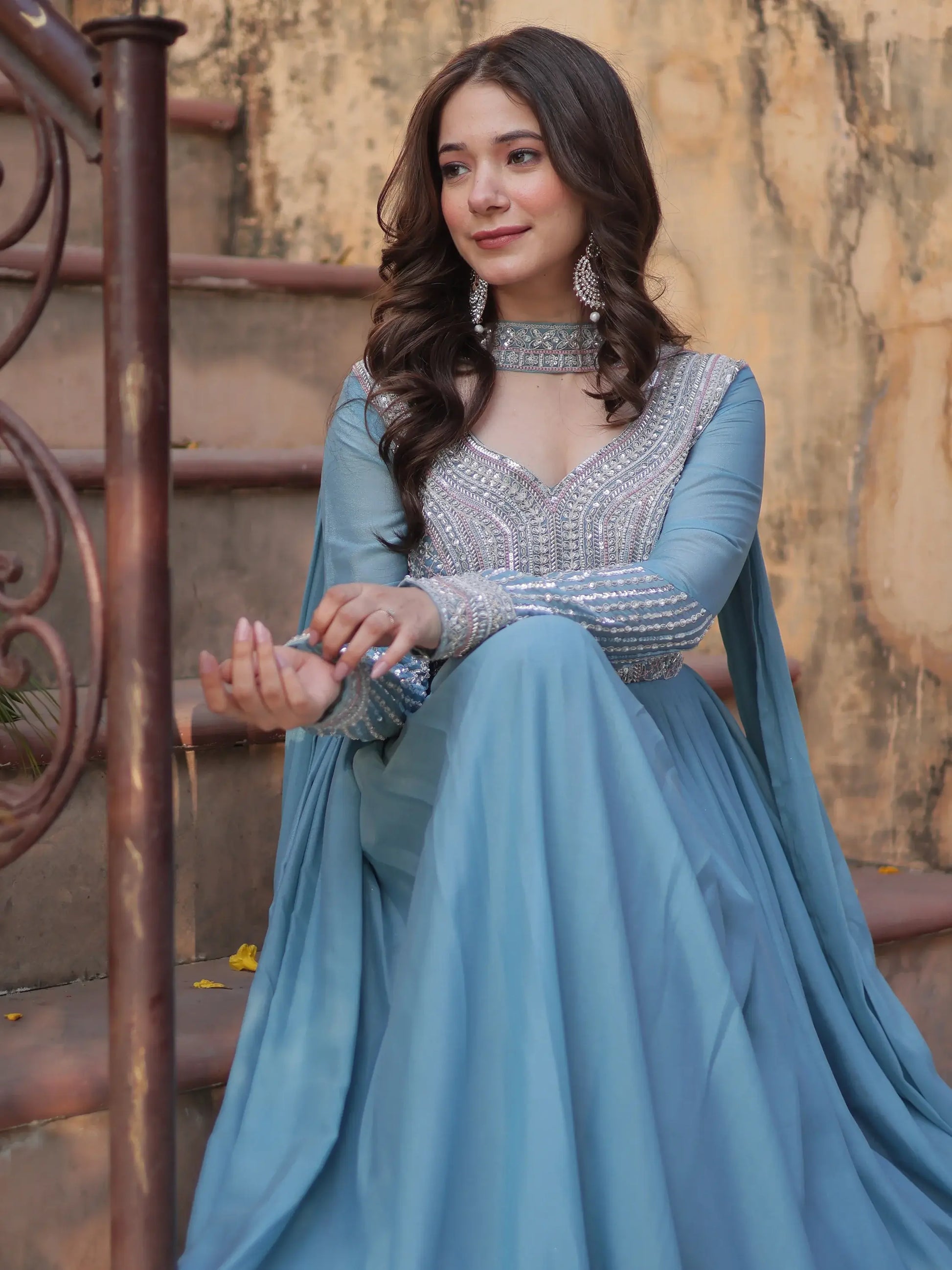 Alluring Sky-Blue Sequins Georgette Party Wear Gown With Dupatta - Zeel Clothing