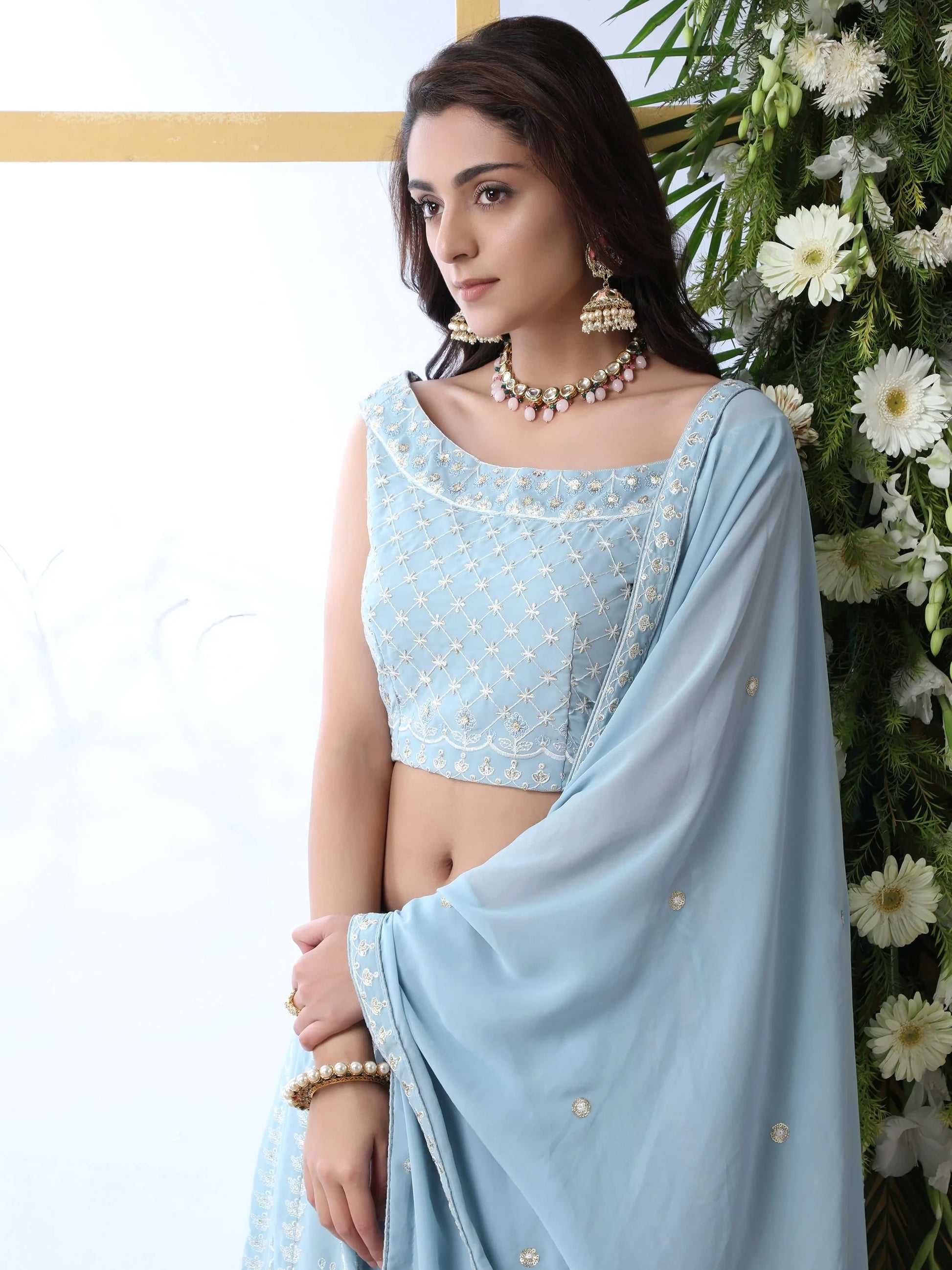Alluring Sky Blue Thread Embroidered Georgette Lehenga Choli - Zeel Clothing