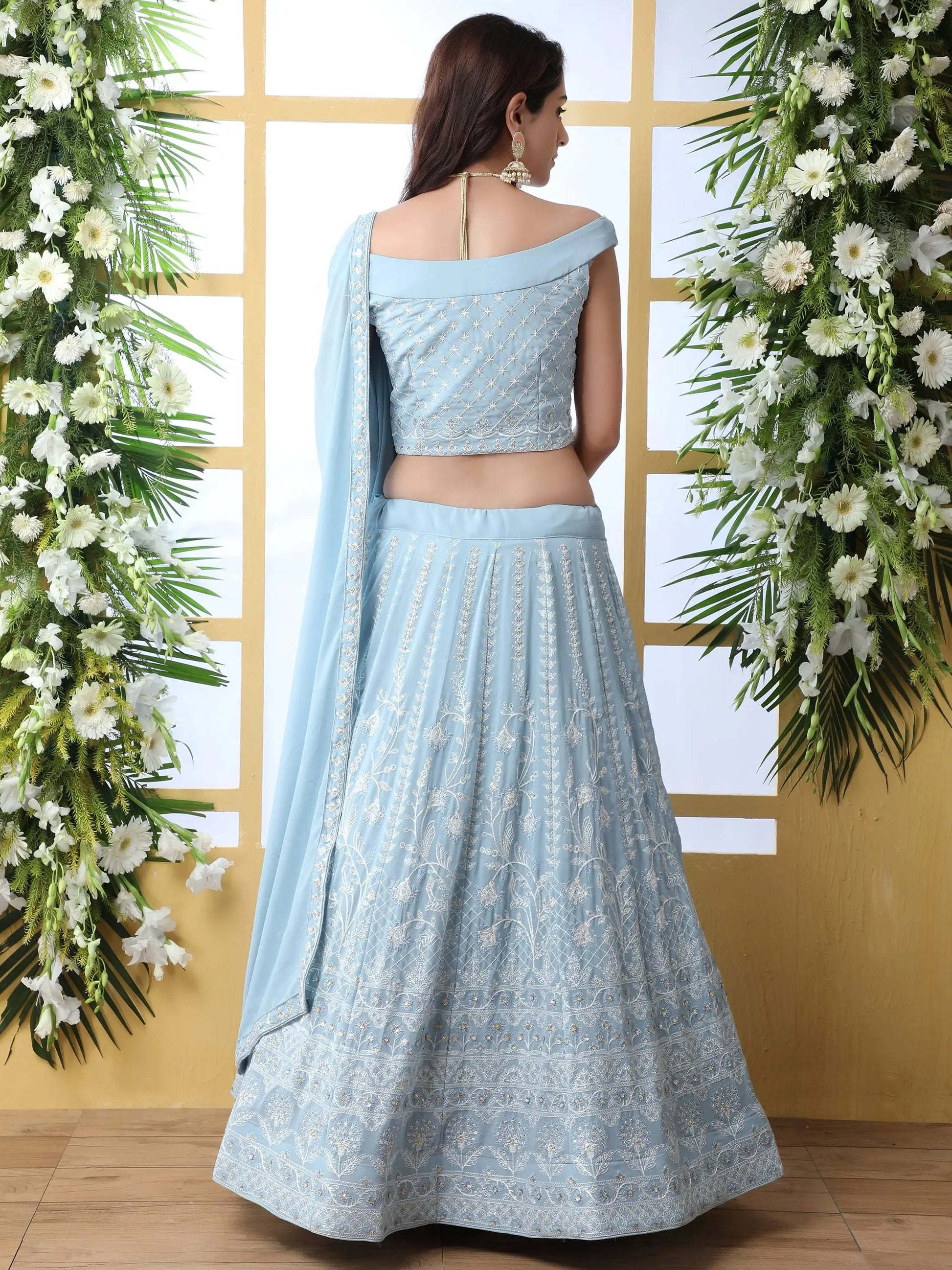 Alluring Sky Blue Thread Embroidered Georgette Lehenga Choli - Zeel Clothing