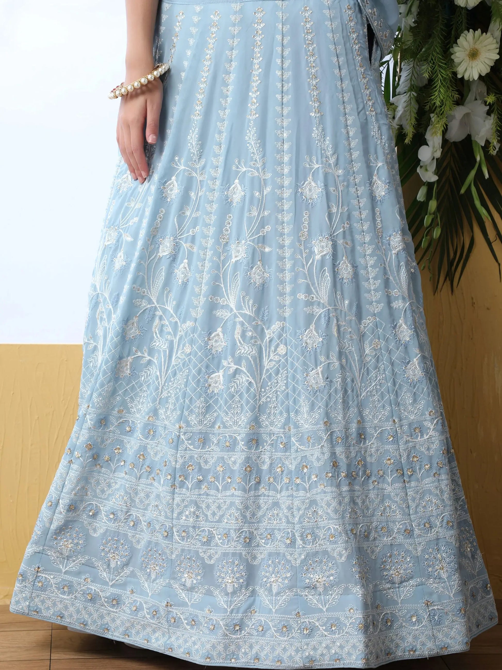 Alluring Sky Blue Thread Embroidered Georgette Lehenga Choli - Zeel Clothing