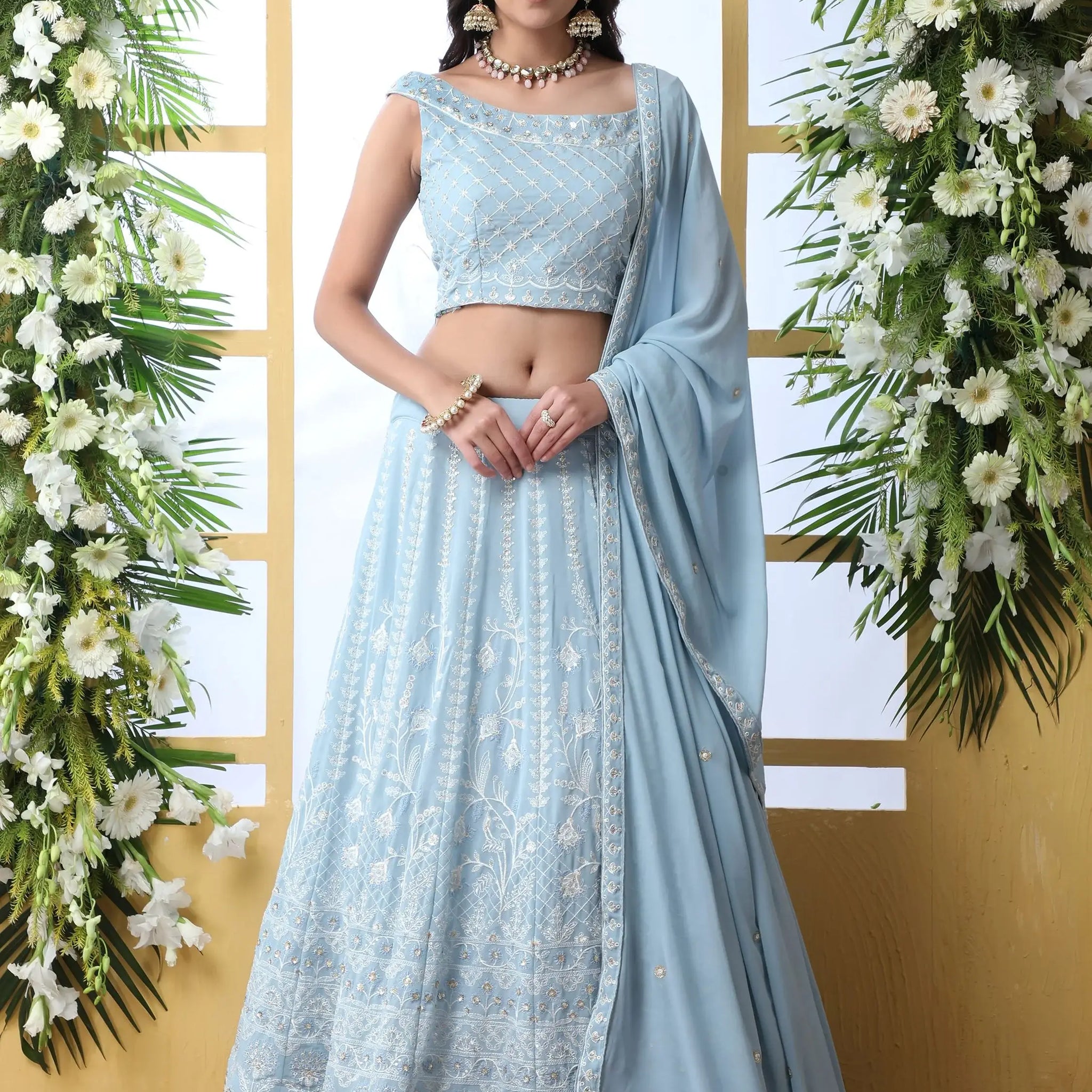 Alluring Sky Blue Thread Embroidered Georgette Lehenga Choli - Zeel Clothing