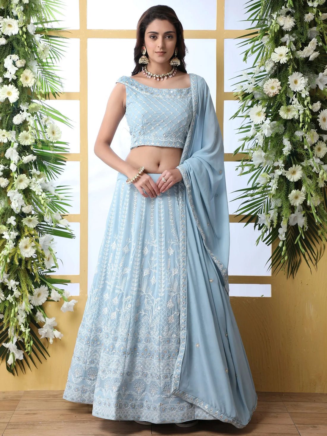 Alluring Sky Blue Thread Embroidered Georgette Lehenga Choli - Zeel Clothing