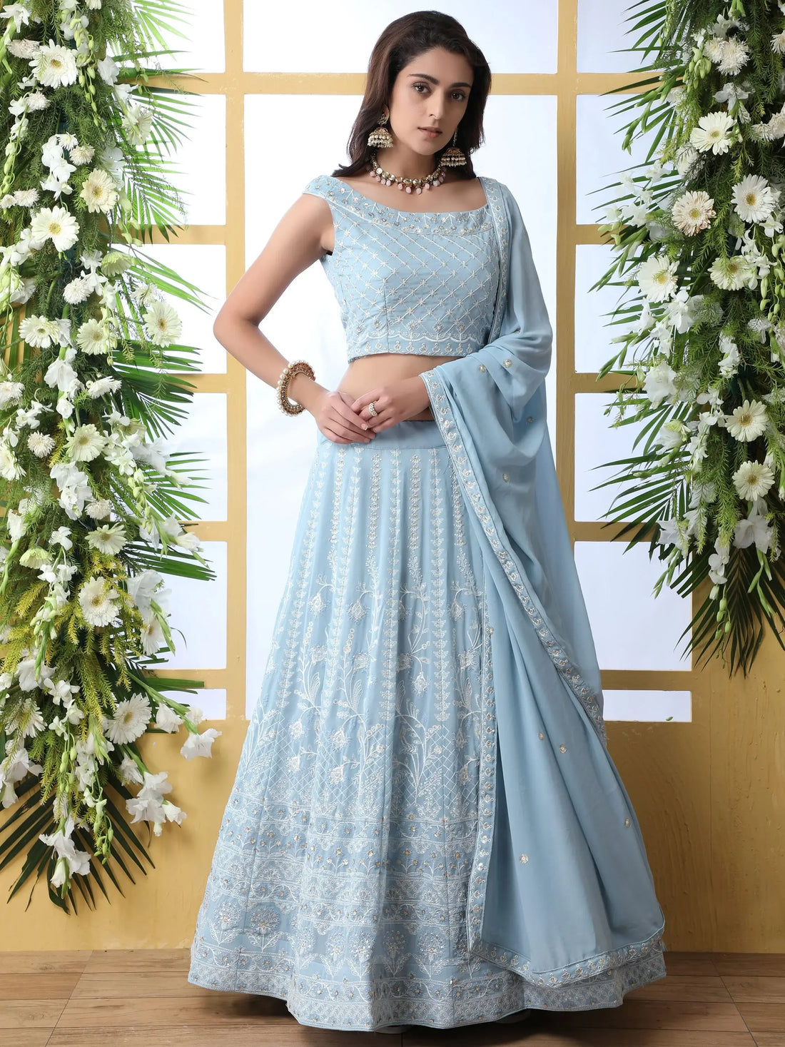 Alluring Sky Blue Thread Embroidered Georgette Lehenga Choli - Zeel Clothing