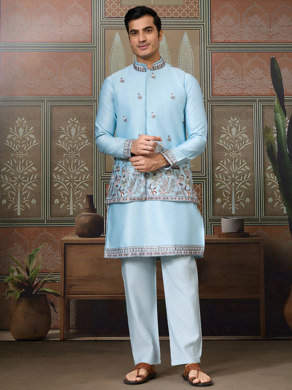 Alluring Sky Blue Thread Work Silk Function Wear Men Kurta And Pant Set With Jacket