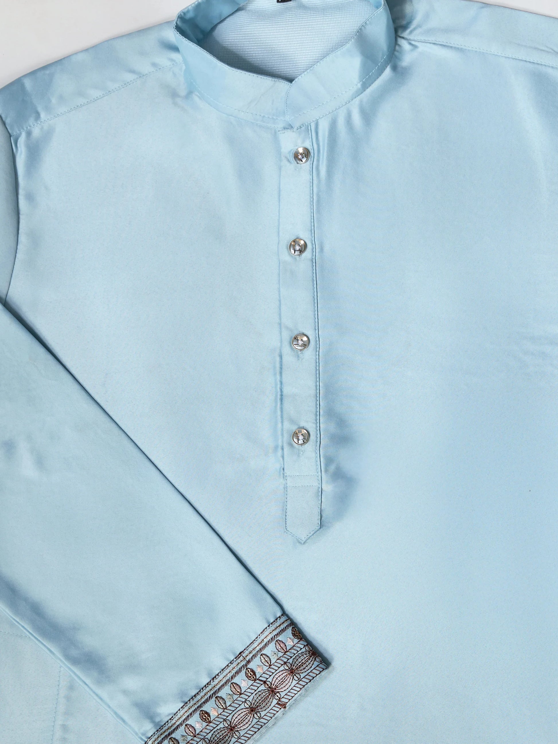 Alluring Sky Blue Thread Work Silk Function Wear Men Kurta And Pant Set With Jacket