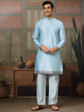 Alluring Sky Blue Thread Work Silk Function Wear Men Kurta And Pant Set With Jacket