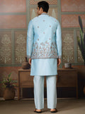 Alluring Sky Blue Thread Work Silk Function Wear Men Kurta And Pant Set With Jacket